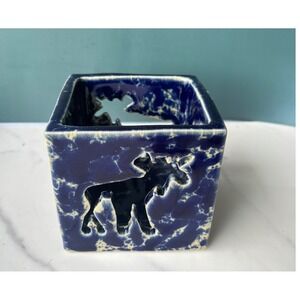Bennington Potters Blue Sponge Glaze Moose Cutout Candle Holder Vermont